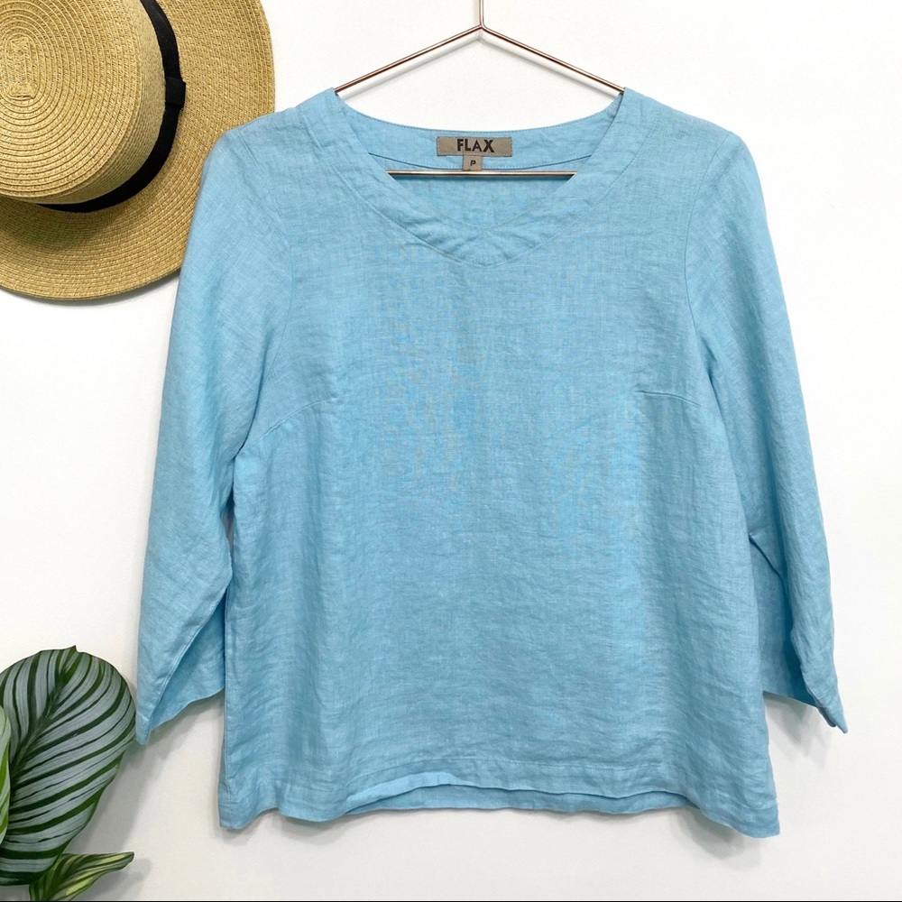 flax | turquoise linen ¾ sleeve lagenlook blouse petite xs 4/6